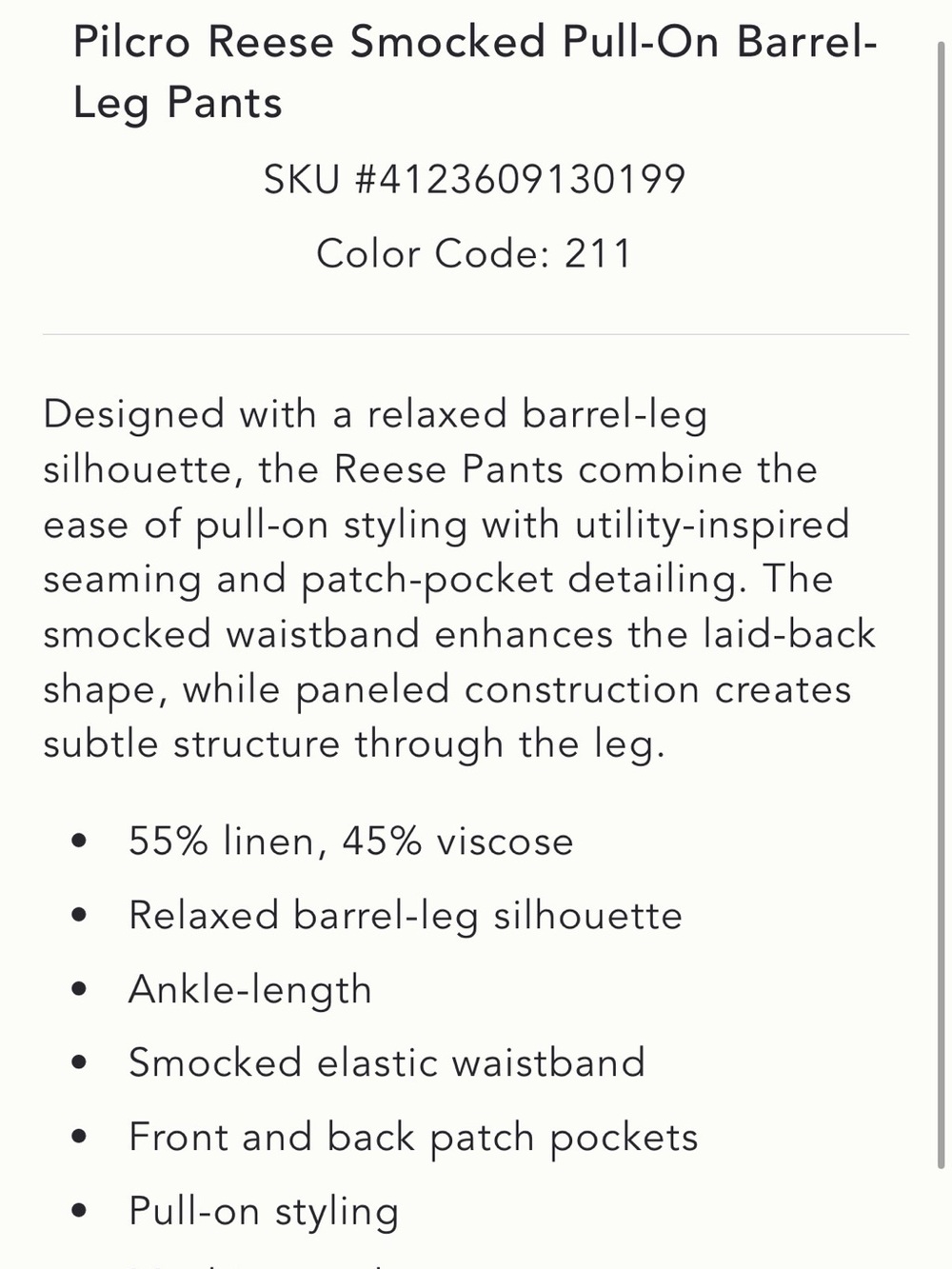 NWT Pilcro Reese Smocked Pull-On Barrel- Leg Pants - XS (can fit up) - Picture 6 of 10